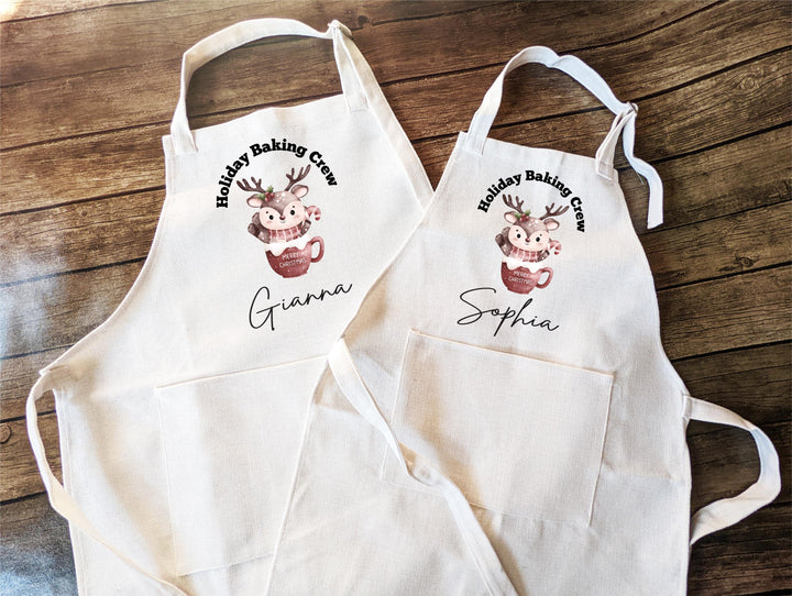 Personalized Christmas Apron – “Holiday Baking Crew” Custom Name Apron with Cute Reindeer Design, Family or Kids Holiday Baking Gift
