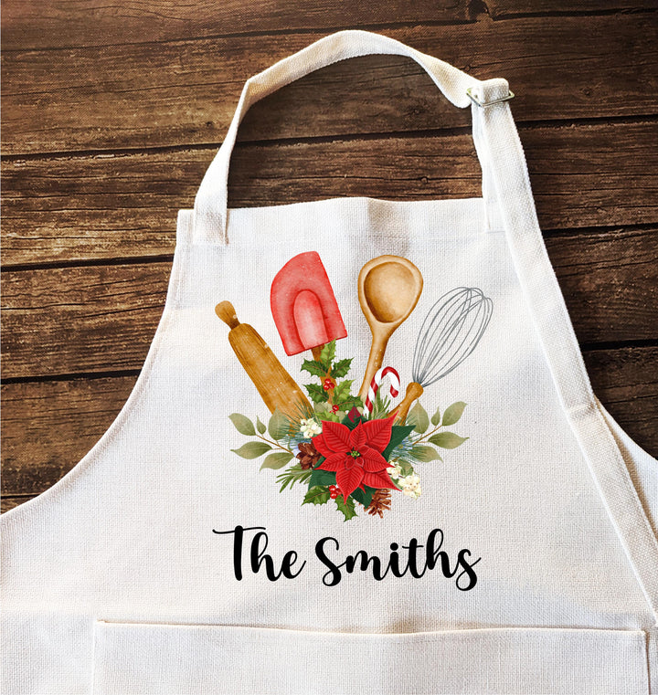 Personalized Christmas Apron – Custom Name Holiday Baking Apron with Poinsettia Design, Family Matching Aprons, Festive Kitchen Gift