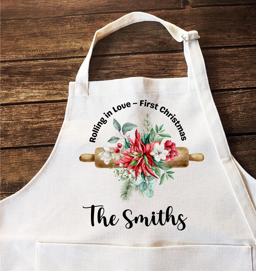 Personalized Couple Christmas Apron Set – “Rolling in Love” First Christmas Aprons with Floral Rolling Pin Design, Newlywed Baking Gift