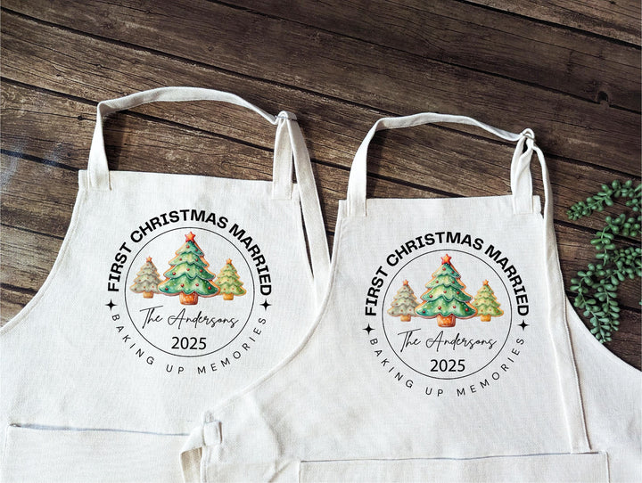 Personalized Couple Apron Set – “First Christmas Married” Custom Name Aprons with Christmas Cookie Tree Design, Newlywed Holiday Gift