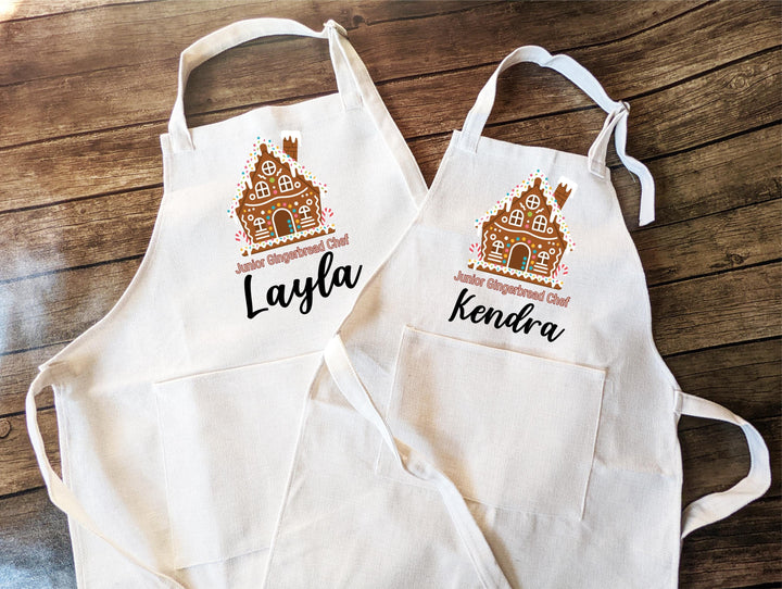 Personalized Kids Christmas Apron – “Junior Gingerbread Chef” Custom Name Apron with Gingerbread House Design, Holiday Baking Gift