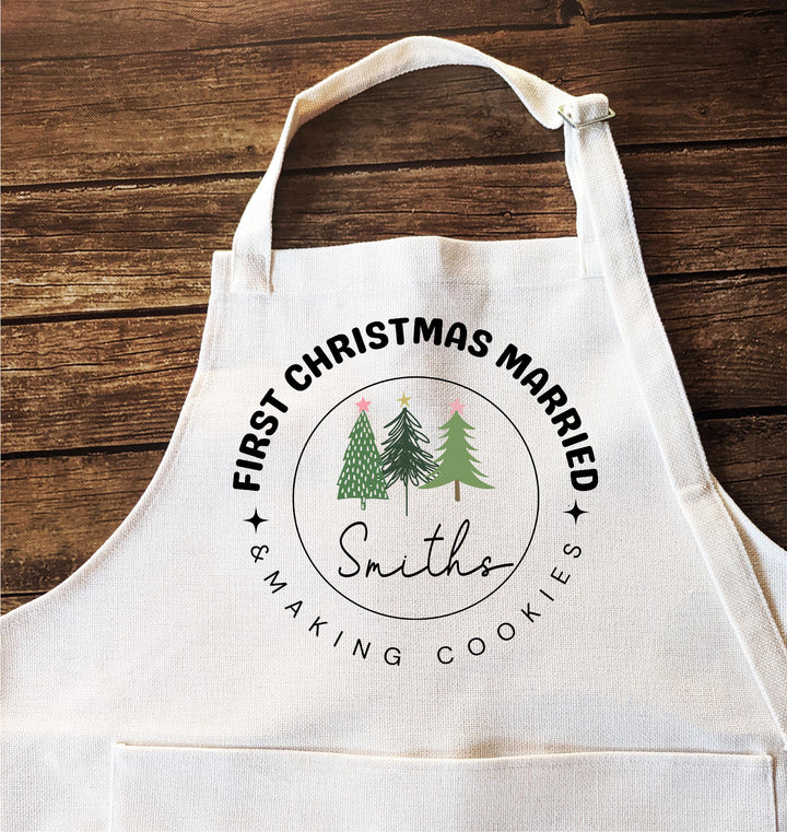 First Christmas Married Personalized Couple Apron Set&nbsp;Custom Name Aprons with Christmas Cookie Tree Design, Newlywed Holiday Gift