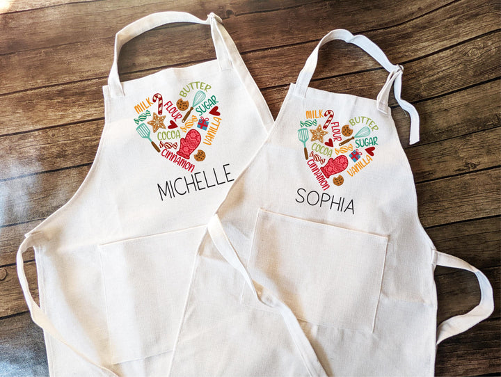 Personalized Kids Baking Apron – Custom Name Apron with Heart Baking Words or Utensil Design, Holiday Kitchen Gift for Little Chefs