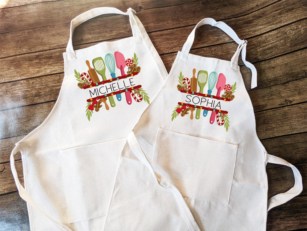 Personalized Kids Baking Apron – Custom Name Apron with Heart Baking Words or Utensil Design, Holiday Kitchen Gift for Little Chefs