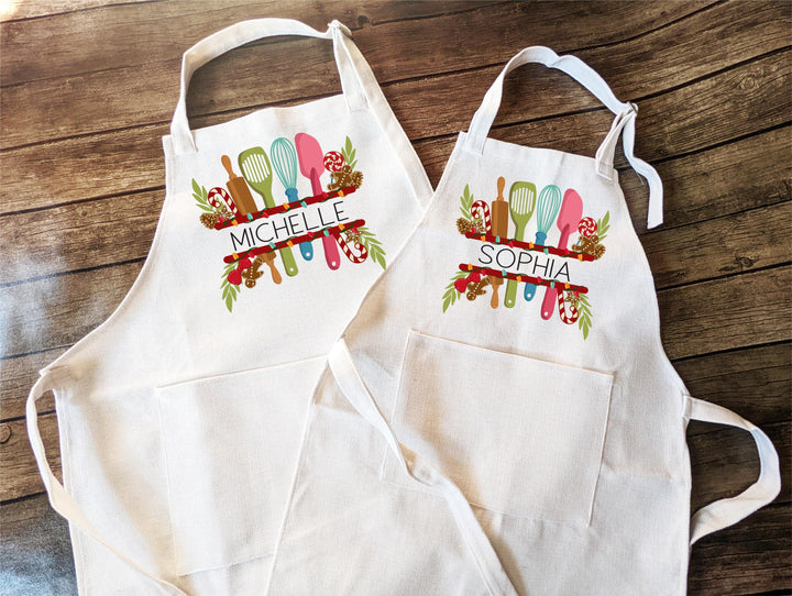 Personalized Kids Baking Apron – Custom Name Apron with Heart Baking Words or Utensil Design, Holiday Kitchen Gift for Little Chefs