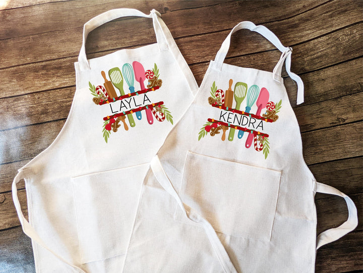 Personalized Kids Baking Apron – Custom Name Apron with Heart Baking Words or Utensil Design, Holiday Kitchen Gift for Little Chefs