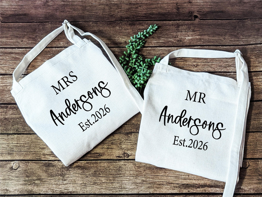 Personalized Mr &amp; Mrs Apron Set – Custom Couple Aprons with Last Name and Est. Year, Wedding, Anniversary, or Bridal Shower Gift