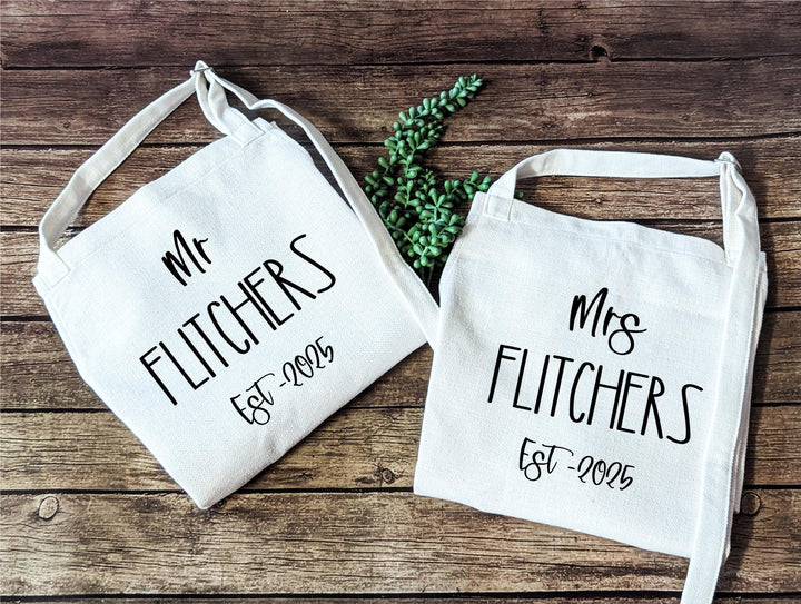Custom Couple Aprons with Last Name and Est. Year, Wedding, Bridal Shower, or Anniversary Gift