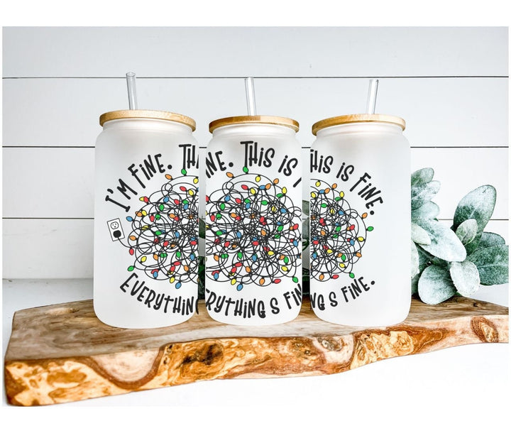 Funny Christmas Glass Can Tumbler with Bamboo Lid &amp; Straw | Frosted Holiday Cup with Tangled Lights Design | Sarcastic Gift for Coworkers