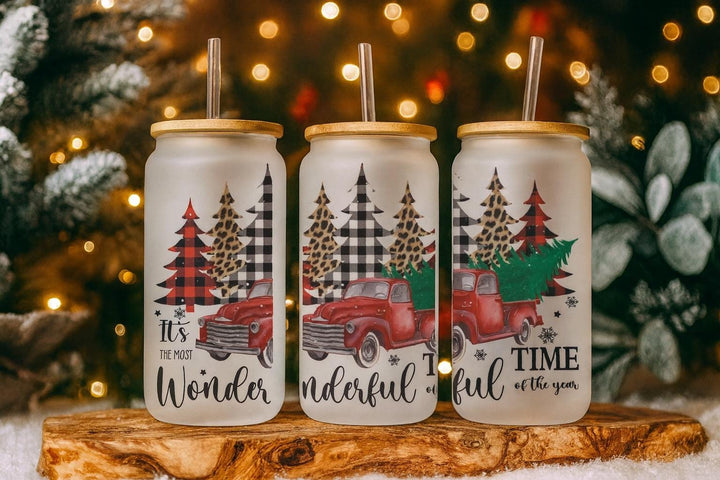 Christmas Frosted Glass Can with Red Truck &amp; Trees | Holiday Drink Cup with Bamboo Lid&nbsp;Straw | Winter Gift for Her