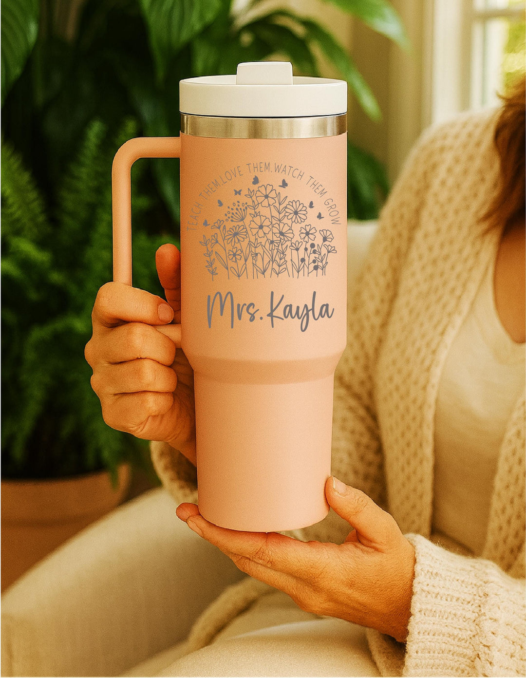 Personalized Teacher Mug – Custom Name Floral Tumbler – Gift for Teacher Appreciation, Christmas, End of Year, or Birthday
