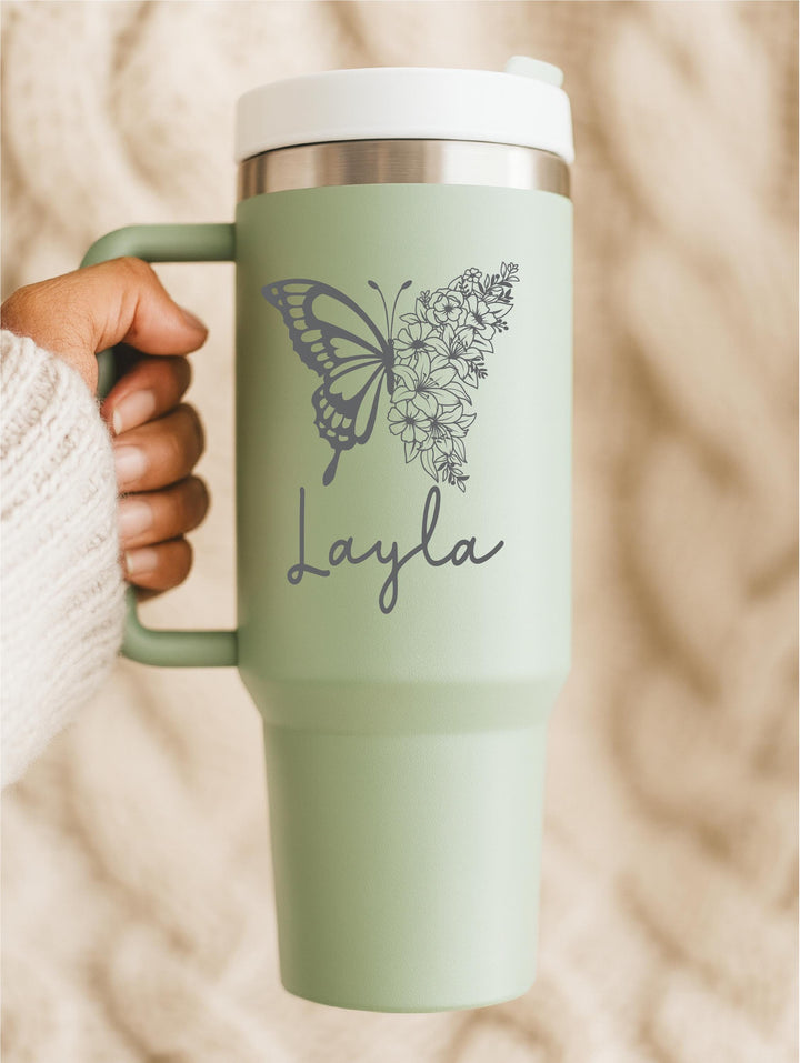 Personalized Butterfly name tumbler –Custom Name Floral Tumbler – Gift for Mom, Friend, or Her – Engraved Coffee Cup, Fall &amp; Christmas Gift
