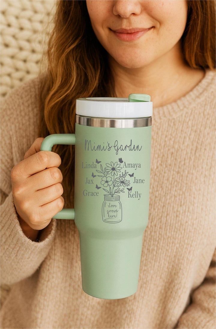 Personalized Nana’s Garden Tumbler with Grandkids’ Names – Sentimental Christmas gift, Mother’s Day, or Birthday Gift for Nana