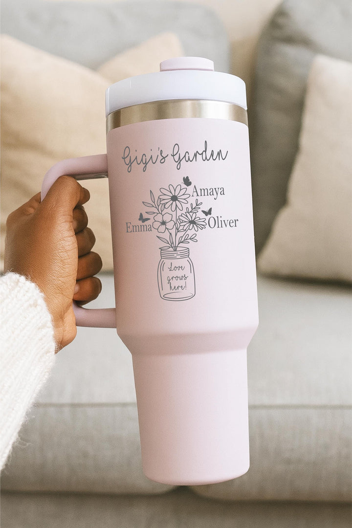 Personalized Nana’s Garden Tumbler with Grandkids’ Names – Sentimental Christmas gift, Mother’s Day, or Birthday Gift for Nana