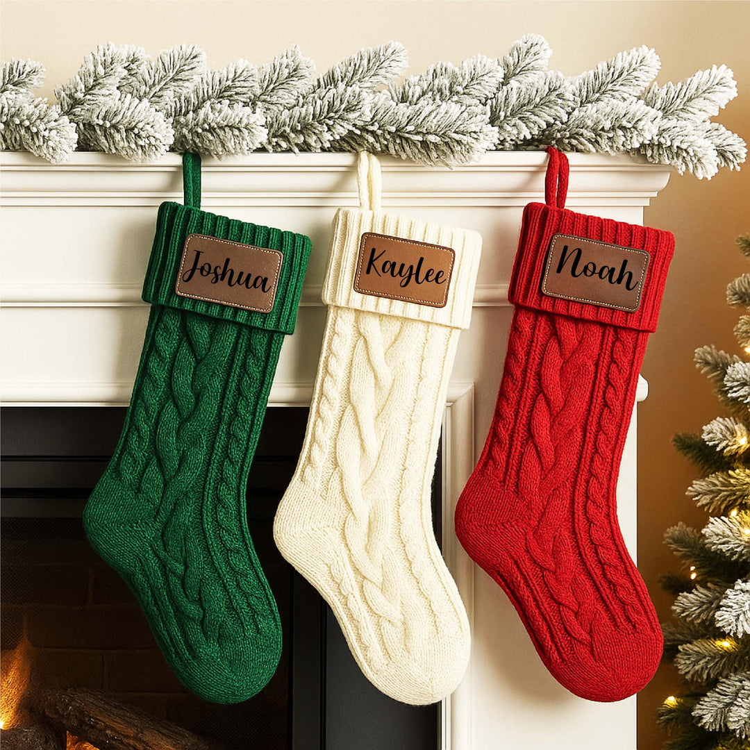 Personalized Knitted Family Stocking with Leather Patch