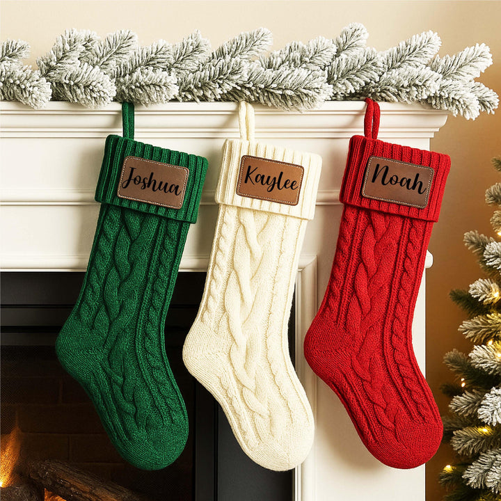 Personalized Knitted Family Stocking with Leather Patch