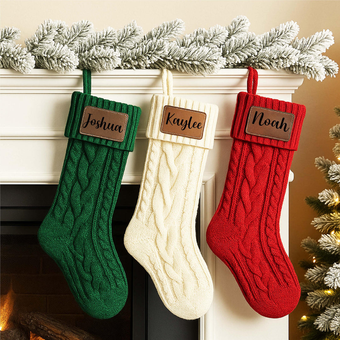 Personalized Family Christmas Stocking - Knitted with Leather Patch