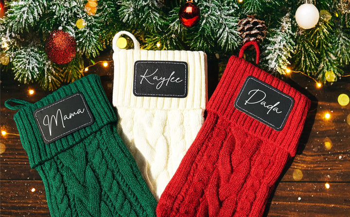 Personalized Family Christmas Stocking - Knitted with Leather Patch