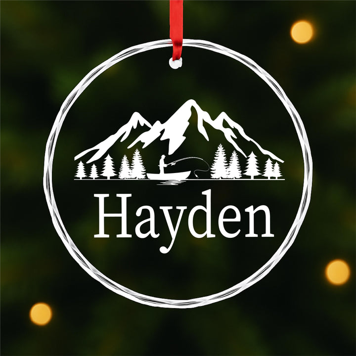 Personalized Fishing Ornament – Custom Mountain Scene Glass Keepsake | Rustic Cabin Christmas Gift for Fisherman or Outdoor Lover