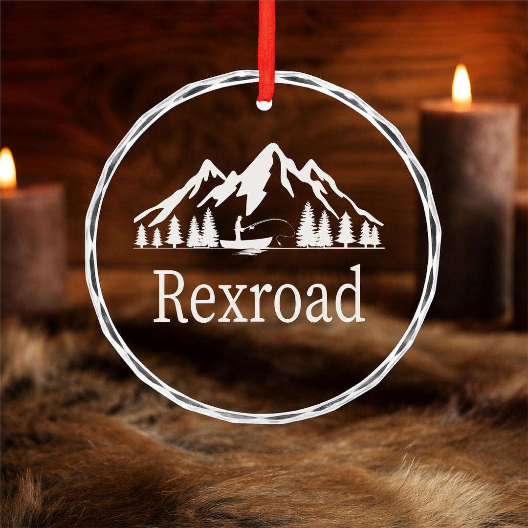 Personalized Fishing Ornament – Custom Mountain Scene Glass Keepsake | Rustic Cabin Christmas Gift for Fisherman or Outdoor Lover