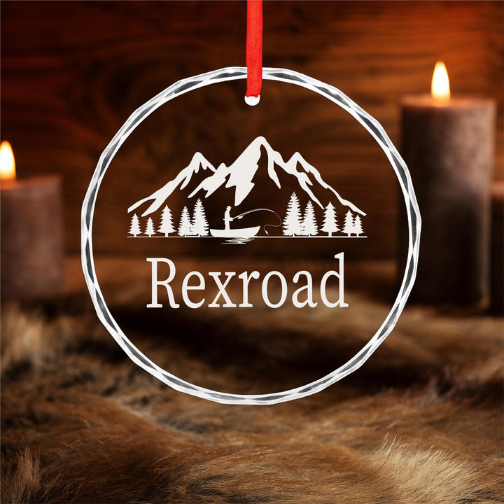 Personalized Fishing Ornament – Custom Mountain Scene Glass Keepsake | Rustic Cabin Christmas Gift for Fisherman or Outdoor Lover