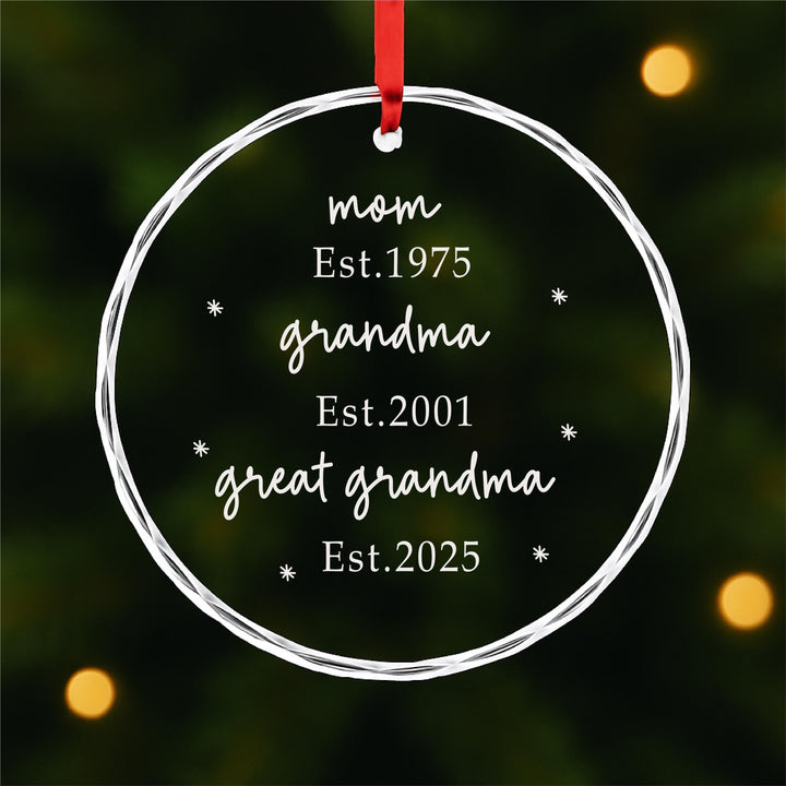 Grandma Established Ornament, Personalized Family Generations Gift, Custom Mom Nana Keepsake 2025