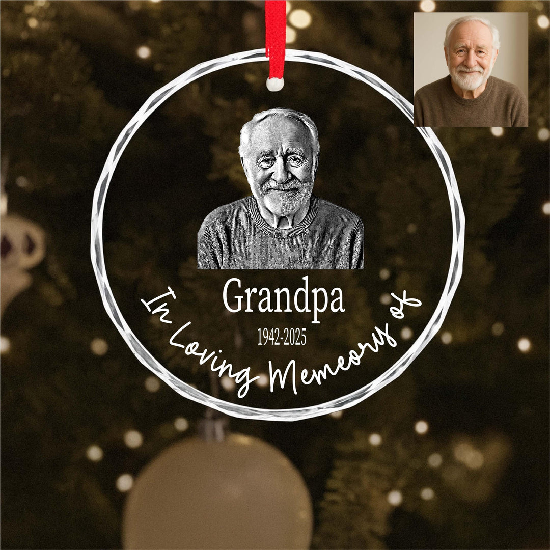 Personalized In Loving Memory Keepsake, Custom Engraved Glass Christmas Ornament Grandpa Memorial Ornament with Photo