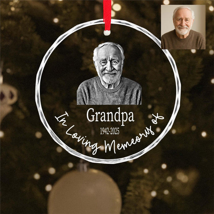 Personalized In Loving Memory Keepsake, Custom Engraved Glass Christmas Ornament Grandpa Memorial Ornament with Photo