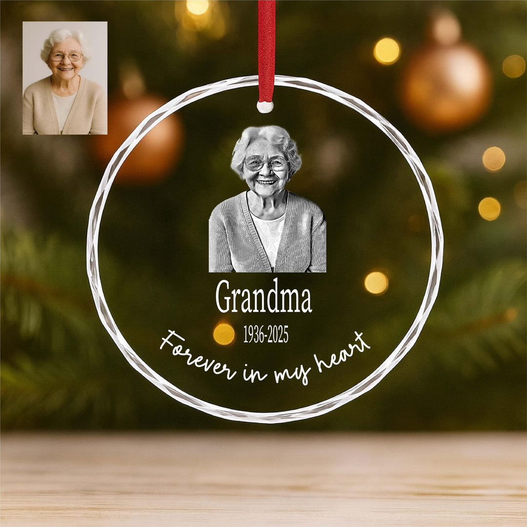 Memorial Ornament with Photo Personalized In Loving Memory Keepsake, Custom Engraved Glass Christmas Ornament