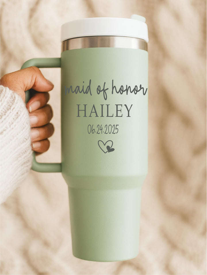 Maid of Honor Tumbler – Personalized Wedding Party Gift with Custom Name &amp; Date, Bridal Shower or Bachelorette Cup