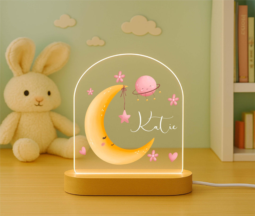 Personalized Moon Night Light for Kids – Custom Name LED Lamp with Wooden Base, Nursery Decor, Baby Girl Gift