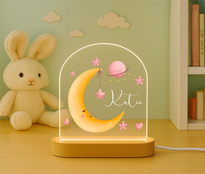 Personalized Moon Night Light with Wooden Base, Custom Name