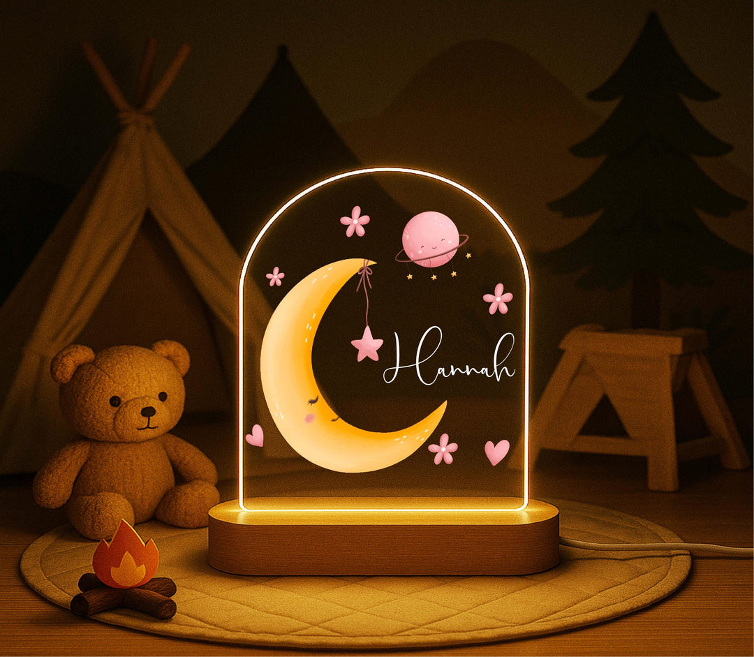 Personalized Moon Night Light for Kids – Custom Name LED Lamp with Wooden Base, Nursery Decor, Baby Girl Gift