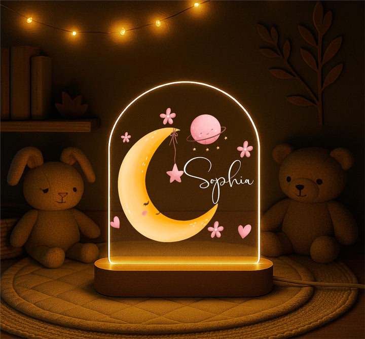 Personalized Moon Night Light with Wooden Base, Custom Name