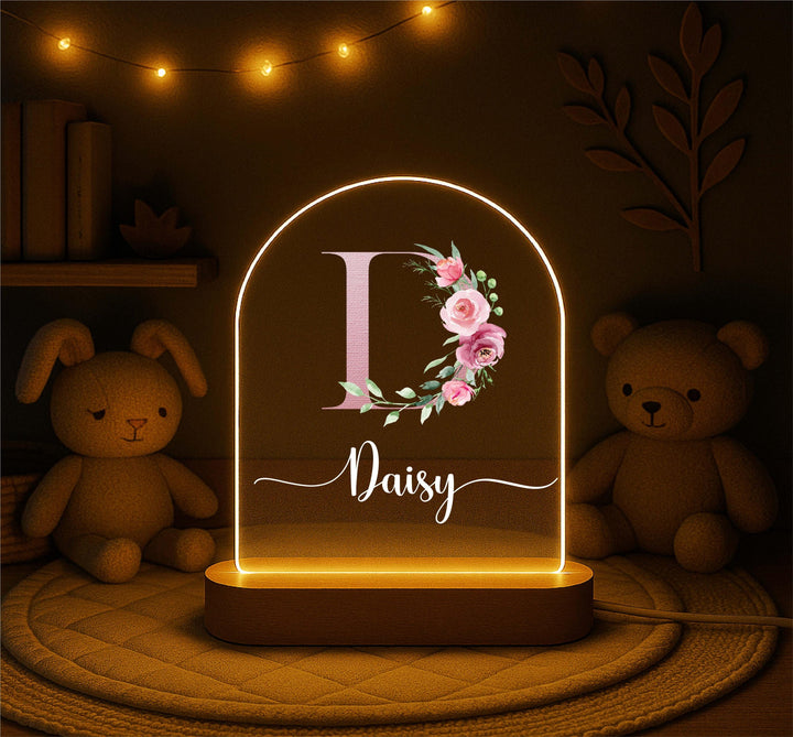 Custom Initial and Name LED Lamp, Wooden Base Kids Room Decor, Baby Girl Gift Personalized Floral Monogram Night Light