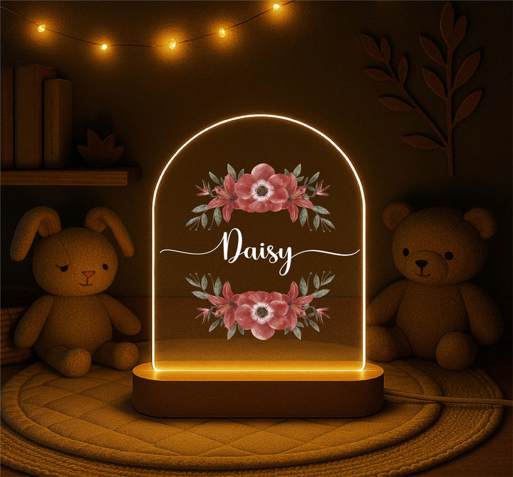 Personalized Floral Name Night Light – Custom LED Lamp with Wooden Base, Girls Room Decor, Baby Shower Gift, Nursery Light