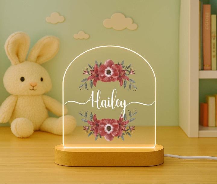 Personalized Floral Name Night Light – Custom LED Lamp with Wooden Base, Girls Room Decor, Baby Shower Gift, Nursery Light