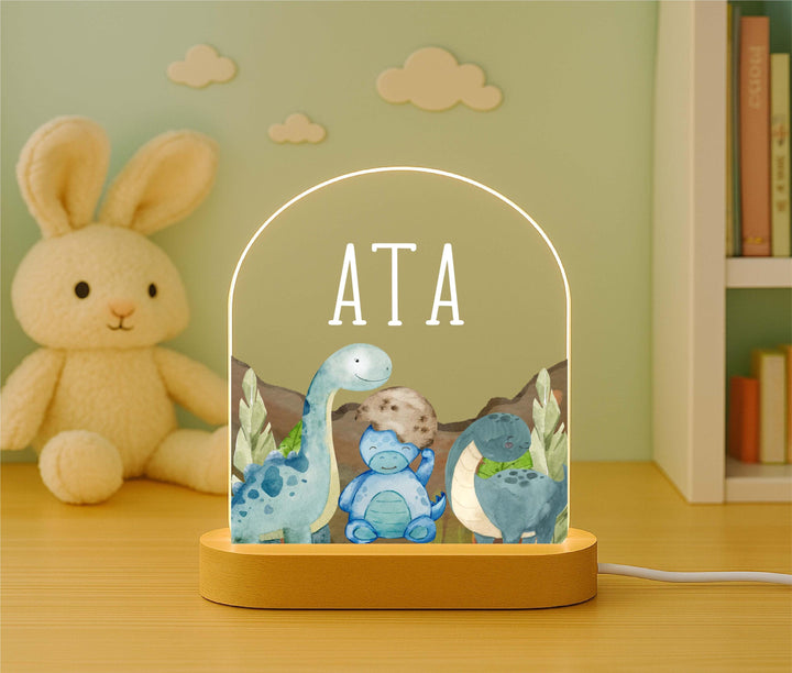 Personalized Dinosaur Night Light for Boys – Custom Name LED Lamp with Wooden Base, Kids Room Decor, Birthday Gift