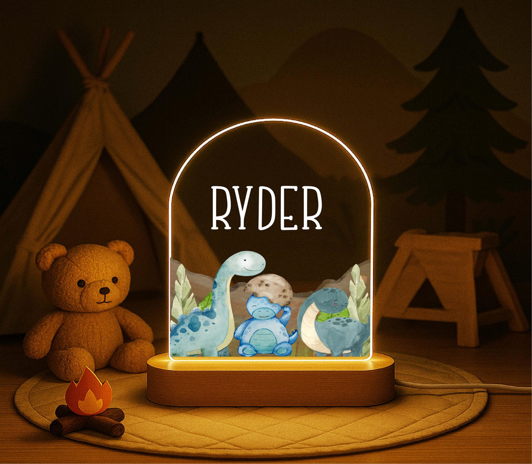 Personalized Dinosaur Night Light for Boys – Custom Name LED Lamp with Wooden Base, Kids Room Decor, Birthday Gift