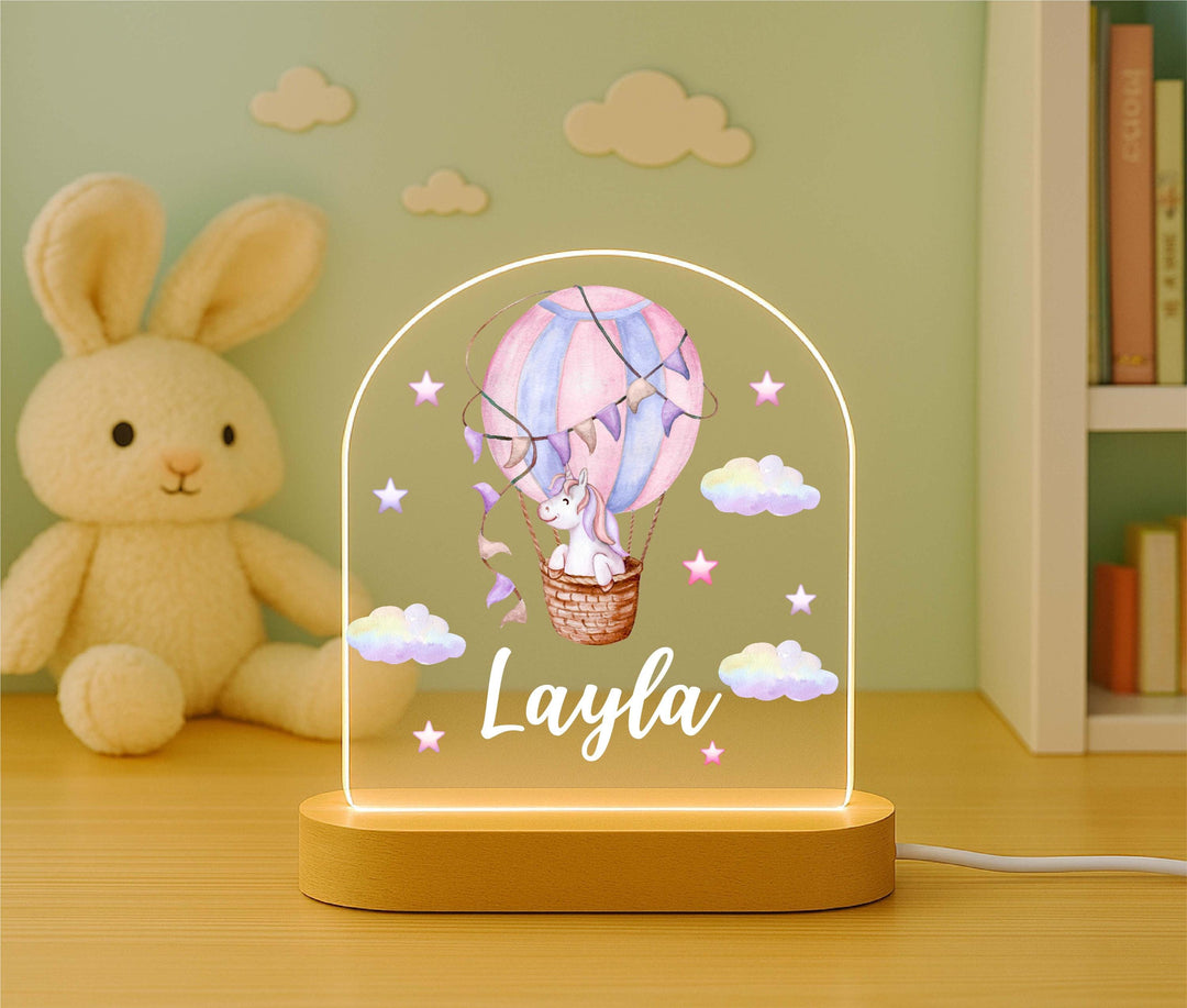 Personalized Unicorn Night Light – Custom Name LED Lamp with Wooden Base, Hot Air Balloon Design, Girls Room Decor