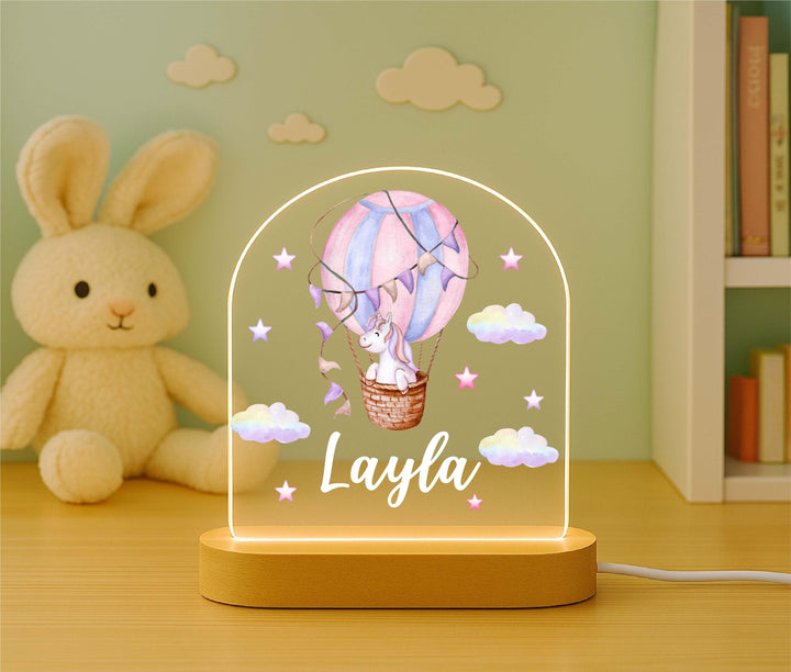 Personalized Unicorn Night Light – Custom Name LED Lamp with Wooden Base, Hot Air Balloon Design, Girls Room Decor