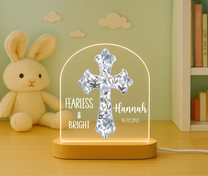 Personalized Cross Night Light – Custom Name LED Lamp with Floral Design, Baptism Gift, Christening Keepsake, Nursery Decor