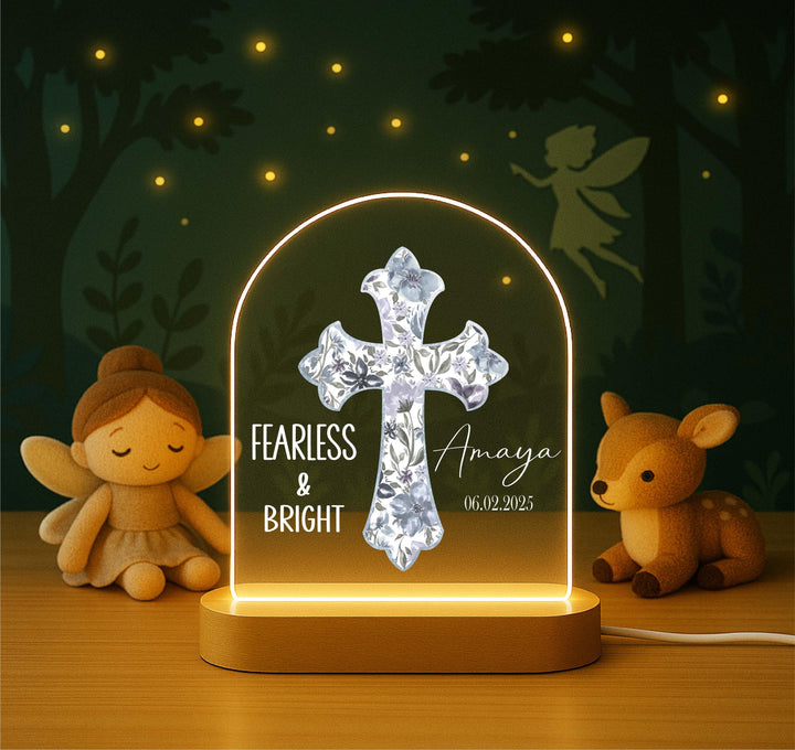 Personalized Cross Night Light – Custom Name LED Lamp with Floral Design, Baptism Gift, Christening Keepsake, Nursery Decor