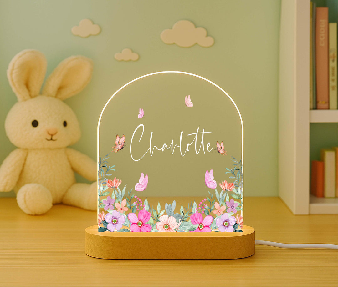 Personalized Floral Night Light Little girl birth day gift – Custom Name&nbsp;with Butterflies, Wooden Base, Girls Room Decor, Gift for Her