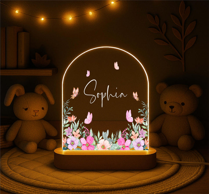 Personalized Floral Night Light Little girl birth day gift – Custom Name&nbsp;with Butterflies, Wooden Base, Girls Room Decor, Gift for Her