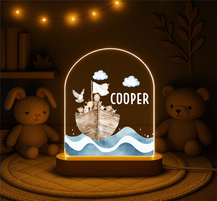 Personalized Noah’s Ark Night Light – Custom Name LED Lamp, Baptism Gift for Boys, Christian Nursery Decor, Baby Keepsake