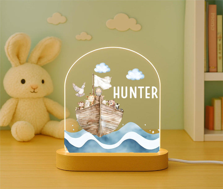 Personalized Noah’s Ark Night Light – Custom Name LED Lamp, Baptism Gift for Boys, Christian Nursery Decor, Baby Keepsake