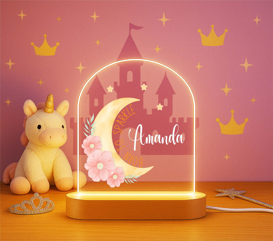 Personalized Moon Night Light – “Born to Sparkle” Custom Name LED Lamp, Floral Kids Room Decor, Birthday or Baby Gift