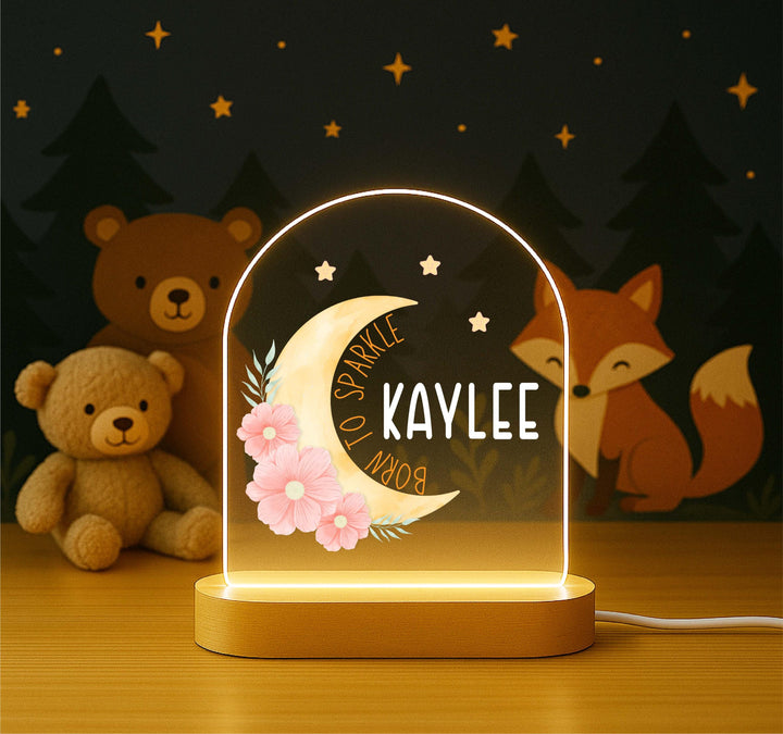 Personalized Moon Night Light – “Born to Sparkle” Custom Name LED Lamp, Floral Kids Room Decor, Birthday or Baby Gift