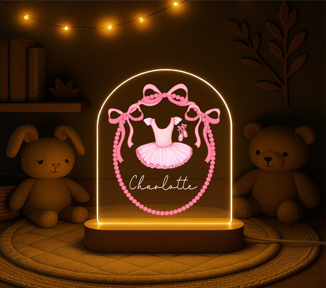 Personalized Ballerina Dress Night Light – Custom Name LED Lamp, Pink Tutu Bedroom Decor, Ballet Gift for Girls
